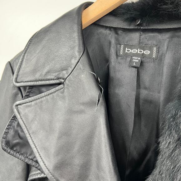 bebe Vintage Black Leather Jacket Rabbit Fur Collar Black Size Large - Picture 8 of 9